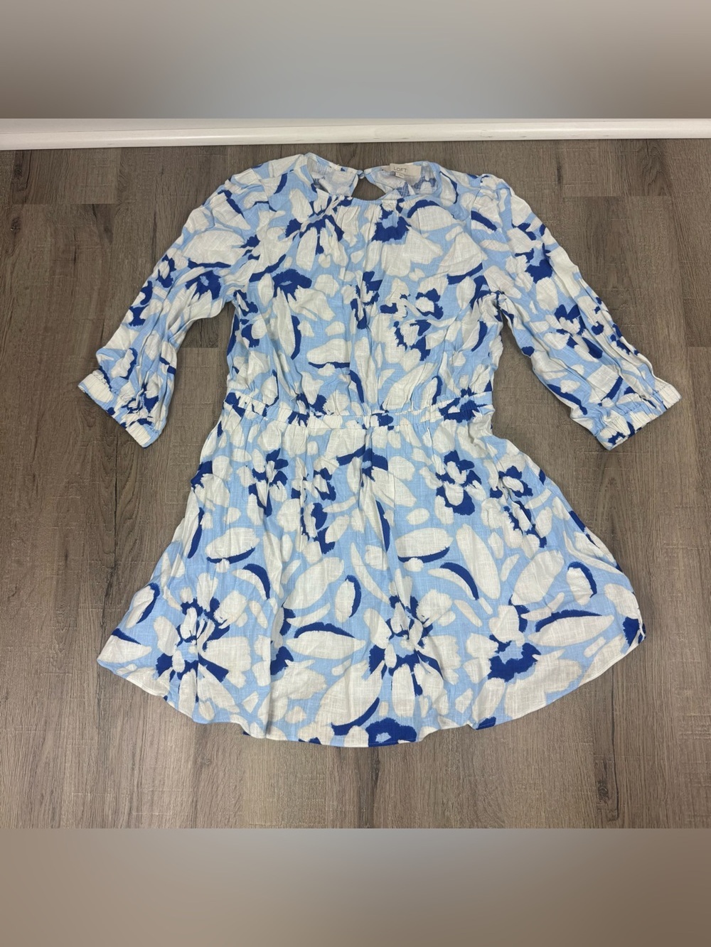 LOFT Linen Blend Floral Mini Dress NEW Large Blue White Puff Sleeve Cottagecore
